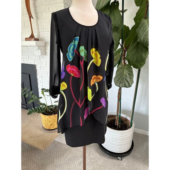 Women LS Black Floral Midi Dress 8 Boho Sheer Lined Quiet Luxury Asymmetric - Picture 2 of 13